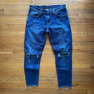 Nudie Jeans Co Mens 31x26 Distressed Organic Cotton Slim Indigo Blue Jeans Italy